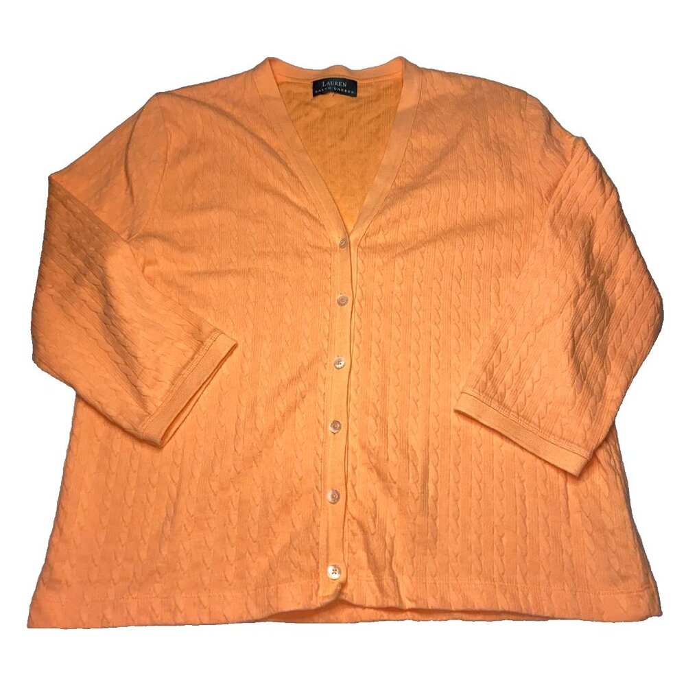 Lauren Ralph Lauren Women’s Orange Cable Knit 3/4 Sleeve Cardigan Sweater Size M
